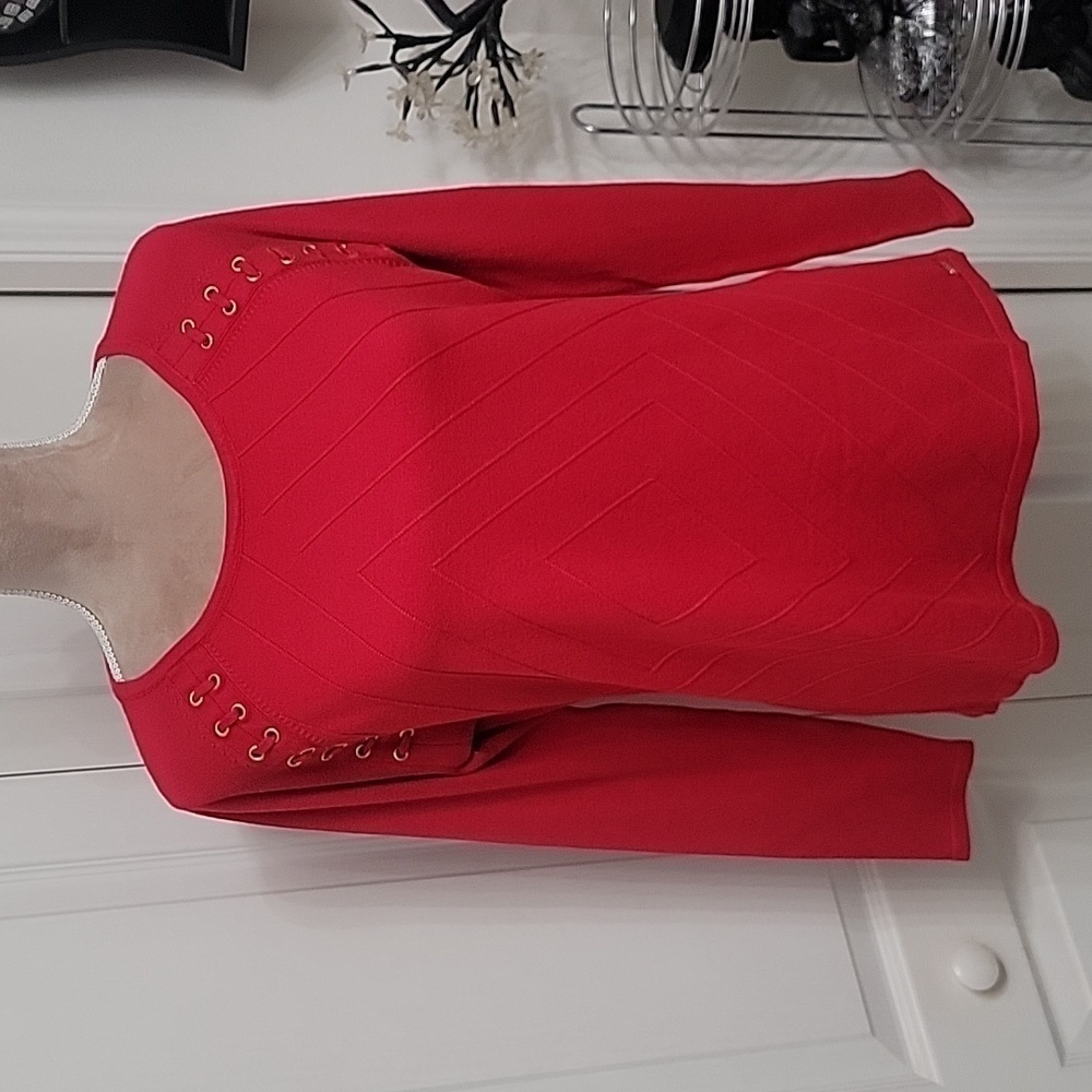 Calvin Klein, Size S, Red Sweater, Diamond Shaped Design, Laced Accents, NEW